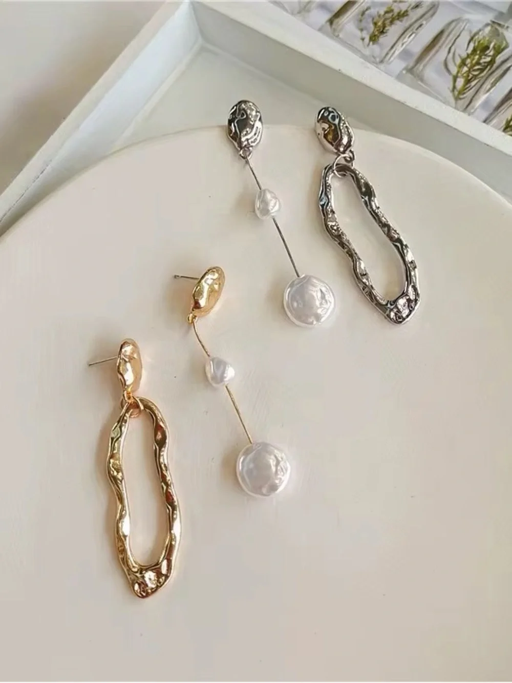 Gold Asymmetrical Hoop & Pearl Drop Earrings - Women Jewelry